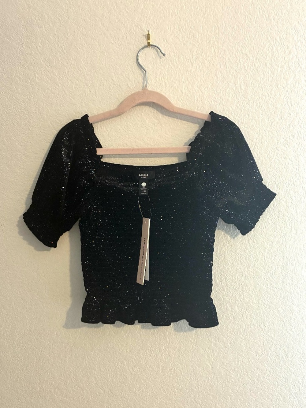 AQUA Girls Black Glitter Smocked Top | Size M (9/10) | NWT | Bloomingdale's